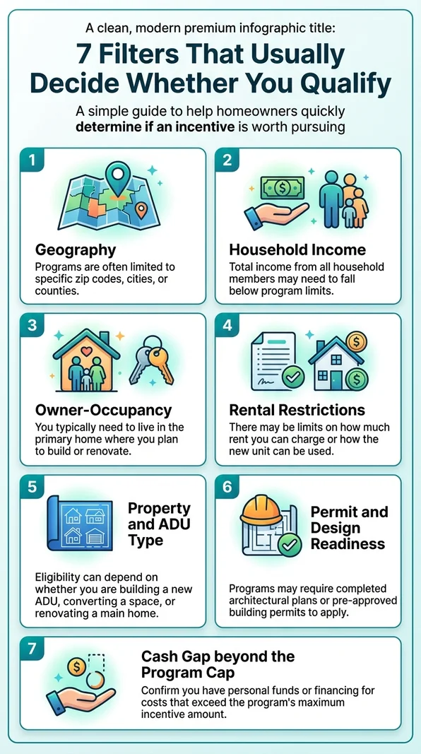 7 filters that decide whether you qualify for an ADU grant: geography, household income, owner-occupancy, rental restrictions, property and ADU type, permit readiness, and cash gap beyond program cap