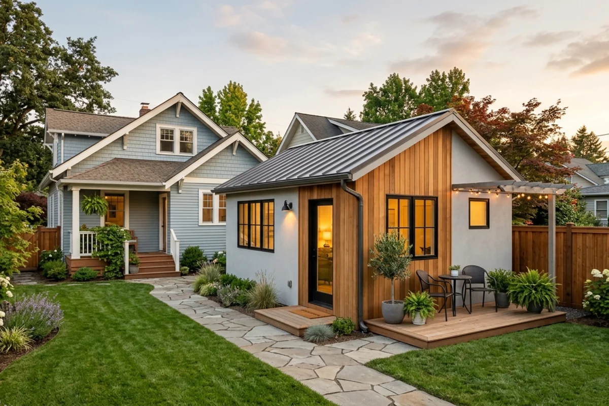Backyard ADU with cedar siding and metal roof at sunset, connected by stone path to Craftsman-style primary home with landscaped yard