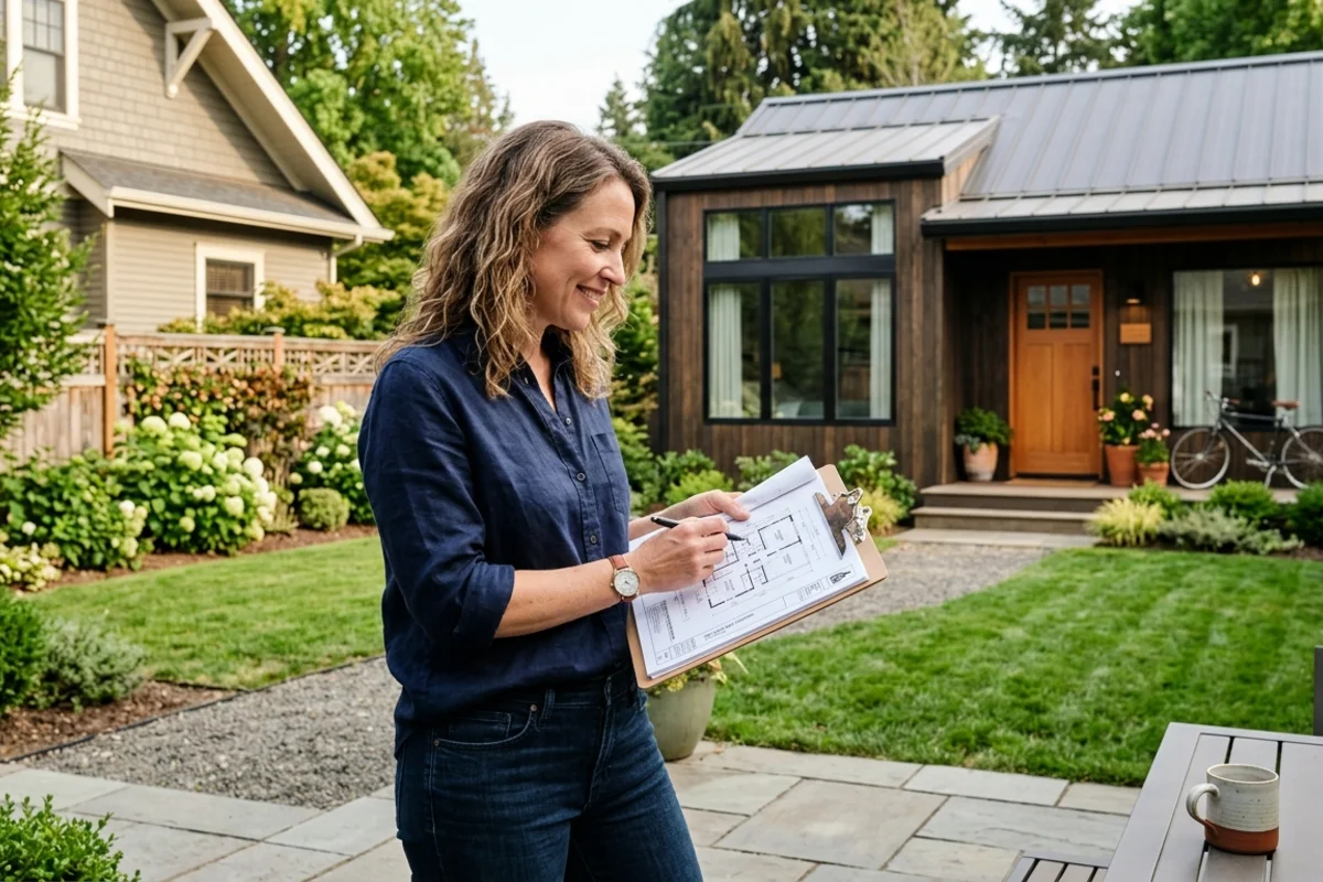 Homeowner reviewing ADU floor plans on a clipboard in the backyard with a completed modern ADU visible behind her