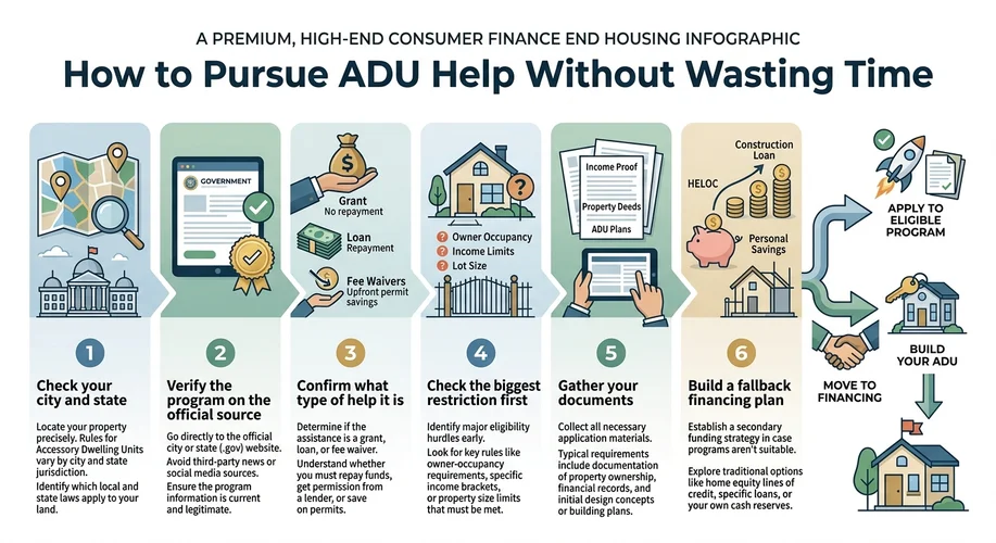 How to pursue ADU help without wasting time: 6-step process from checking city and state programs to verifying, confirming program type, checking restrictions, gathering documents, and building a fallback financing plan