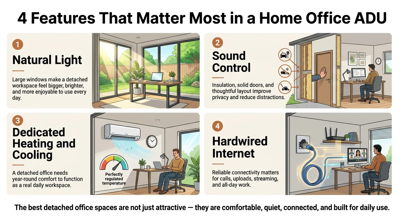 Infographic: 4 Features That Matter Most in a Home Office ADU. 1. Natural Light — large windows make a detached workspace feel bigger, brighter, and more enjoyable to use every day. 2. Sound Control — insulation, solid doors, and thoughtful layout improve privacy and reduce distractions. 3. Dedicated Heating and Cooling — a detached office needs year-round comfort to function as a real daily workspace. 4. Hardwired Internet — reliable connectivity matters for calls, uploads, streaming, and all-day work. Bottom caption: The best detached office spaces are not just attractive — they are comfortable, quiet, connected, and built for daily use.
