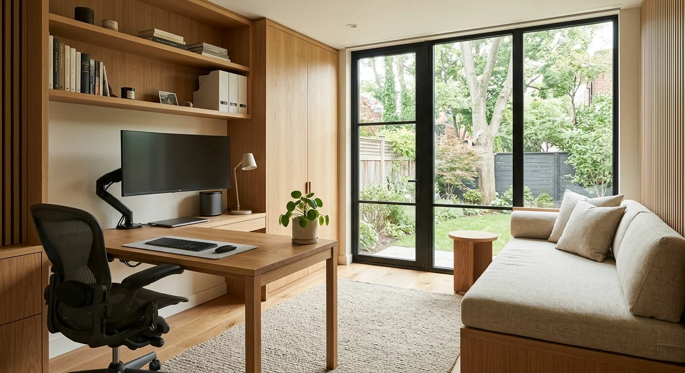 Interior of a detached backyard home office ADU featuring a large oak desk with dual monitor setup, Aeron ergonomic chair, built-in walnut shelving with books, and floor-to-ceiling black-framed glass doors opening to a lush garden with mature trees
