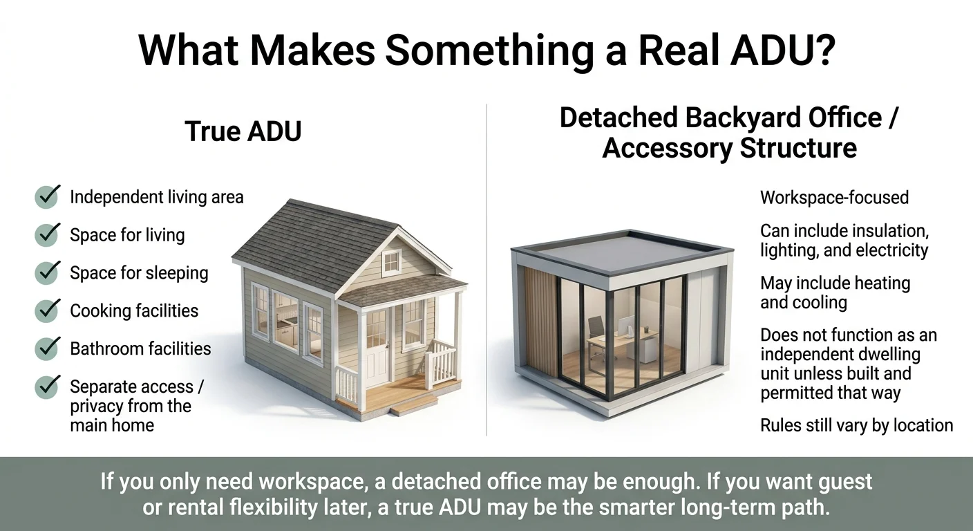 Infographic: What Makes Something a Real ADU? Left panel shows True ADU requirements (independent living area, space for living/sleeping, cooking facilities, bathroom facilities, separate access/privacy from main home). Right panel shows Detached Backyard Office/Accessory Structure characteristics (workspace-focused, can include insulation/lighting/electricity, may include heating and cooling, does not function as independent dwelling unit unless built and permitted that way). Bottom caption: If you only need workspace, a detached office may be enough. If you want guest or rental flexibility later, a true ADU may be the smarter long-term path.