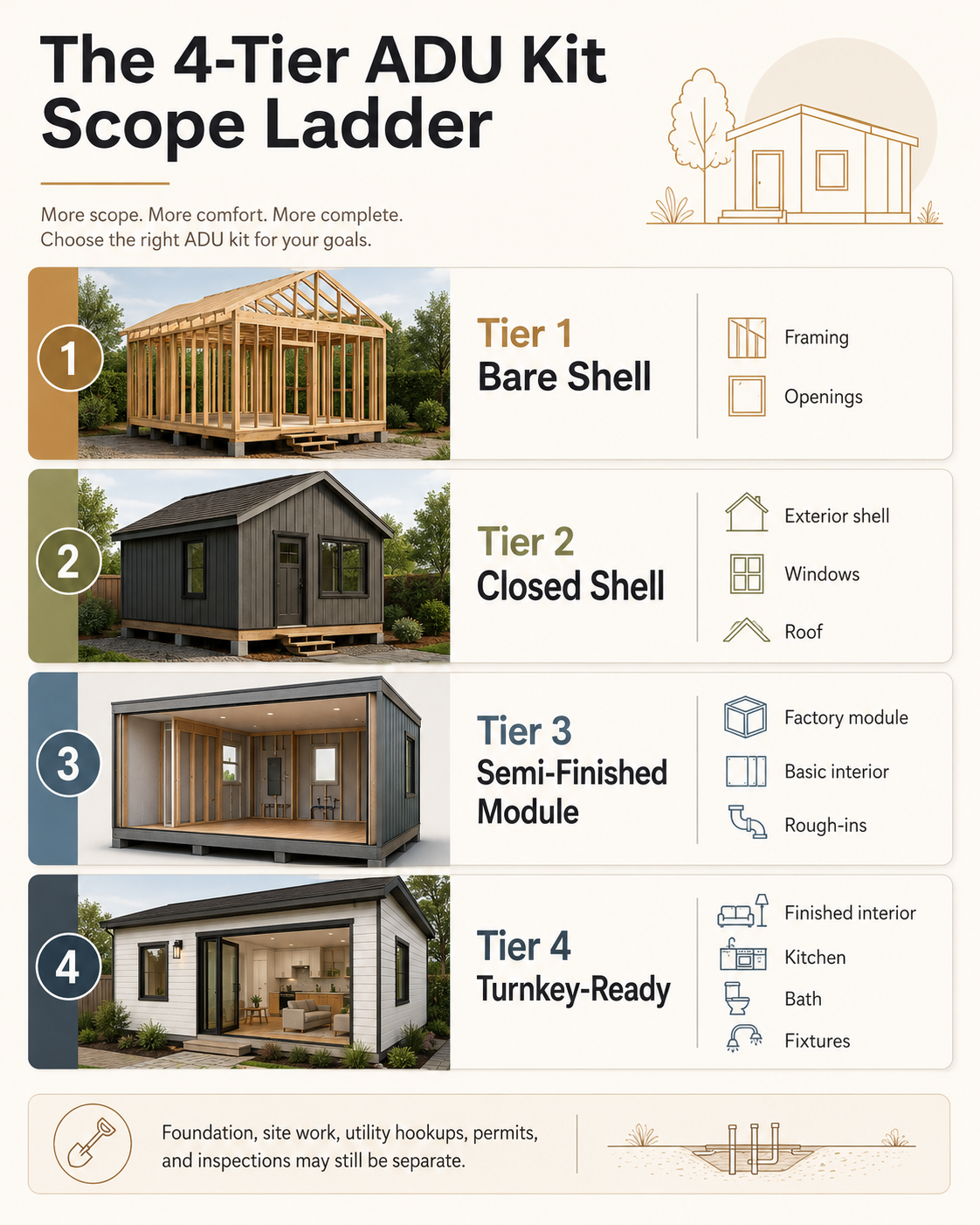 The four-tier ADU kit scope ladder showing the price and scope progression from Tier 1 Bare Shell to Tier 4 Turnkey Module.
