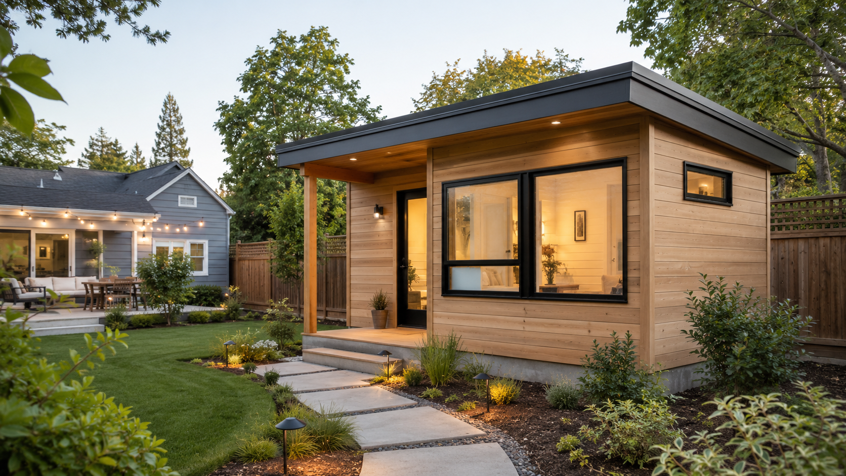 A completed detached ADU on a suburban residential lot, showing the typical scale and siting of an installed kit ADU.