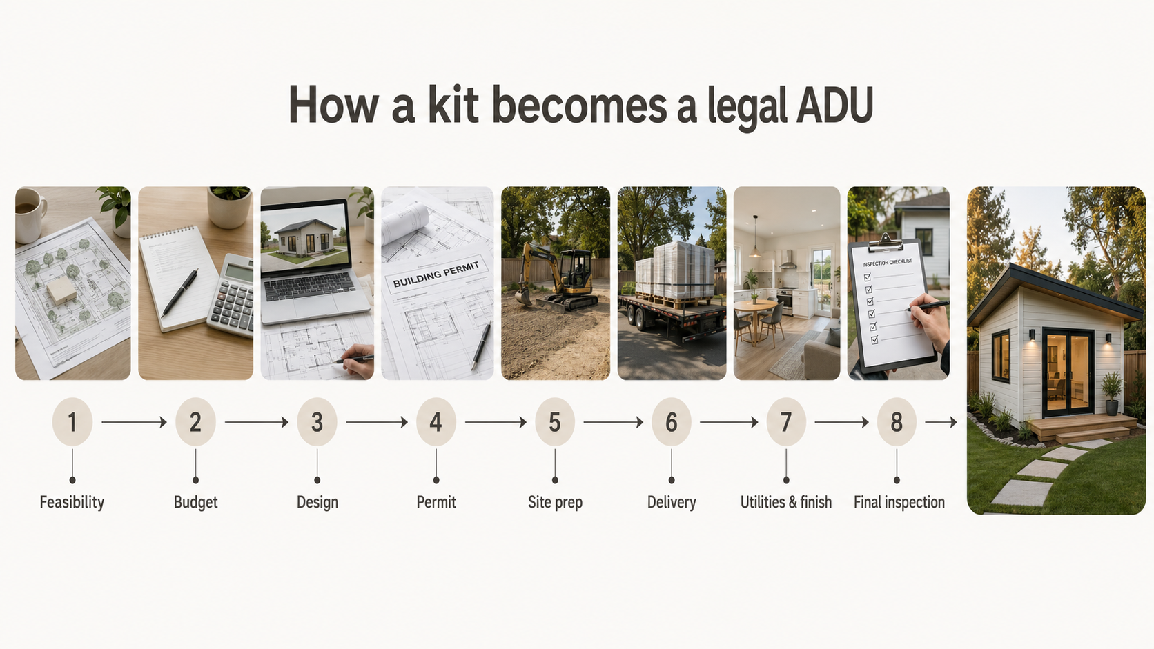 A step-by-step diagram showing how an ADU kit becomes a legal permitted dwelling — from kit purchase through foundation, permits, inspections, and certificate of occupancy.