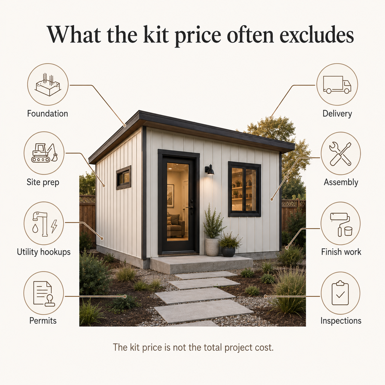 A breakdown showing how a $60,000 ADU kit becomes a $194,000 finished project across twelve cost categories.