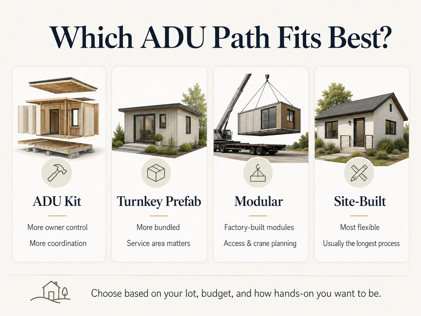 Which ADU path fits best — kit, turnkey prefab, modular, and site-built compared
