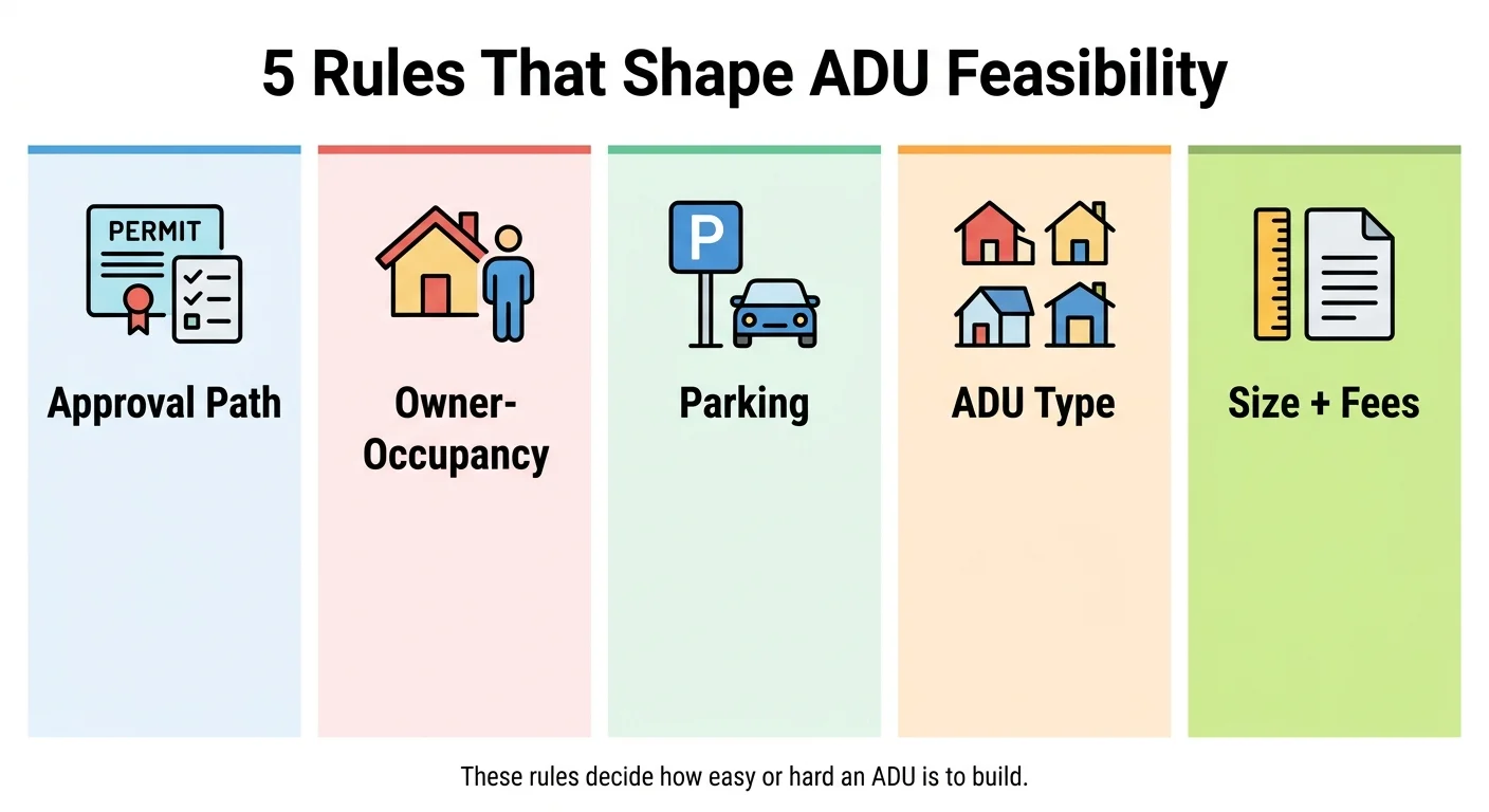 Infographic: 5 Rules That Shape ADU Feasibility — illustrated columns showing Approval Path (by-right vs discretionary), Owner-Occupancy requirements, Parking mandates, ADU Type (attached vs detached), and Size plus Fees