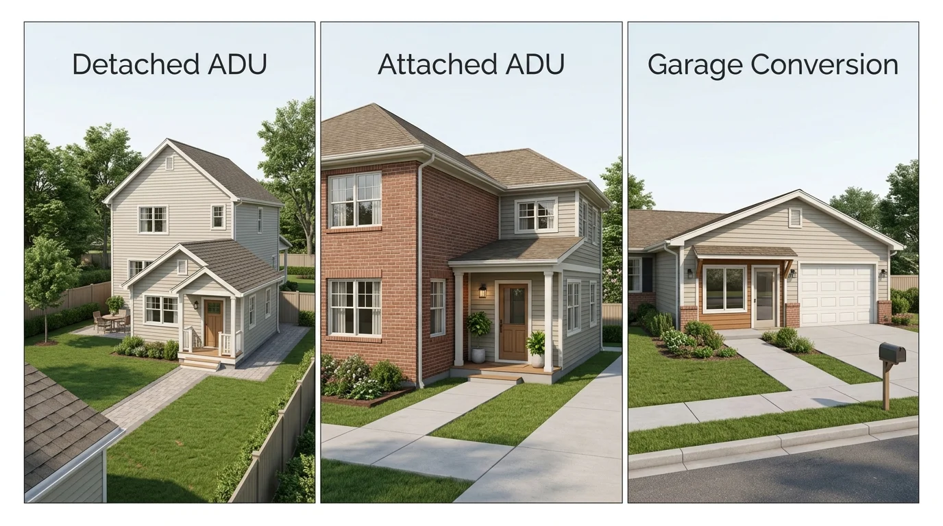 Side-by-side comparison of three ADU types: Detached ADU showing a standalone two-story unit in a backyard, Attached ADU showing a brick addition with shared wall and separate entrance, and Garage Conversion showing an existing garage transformed into living space
