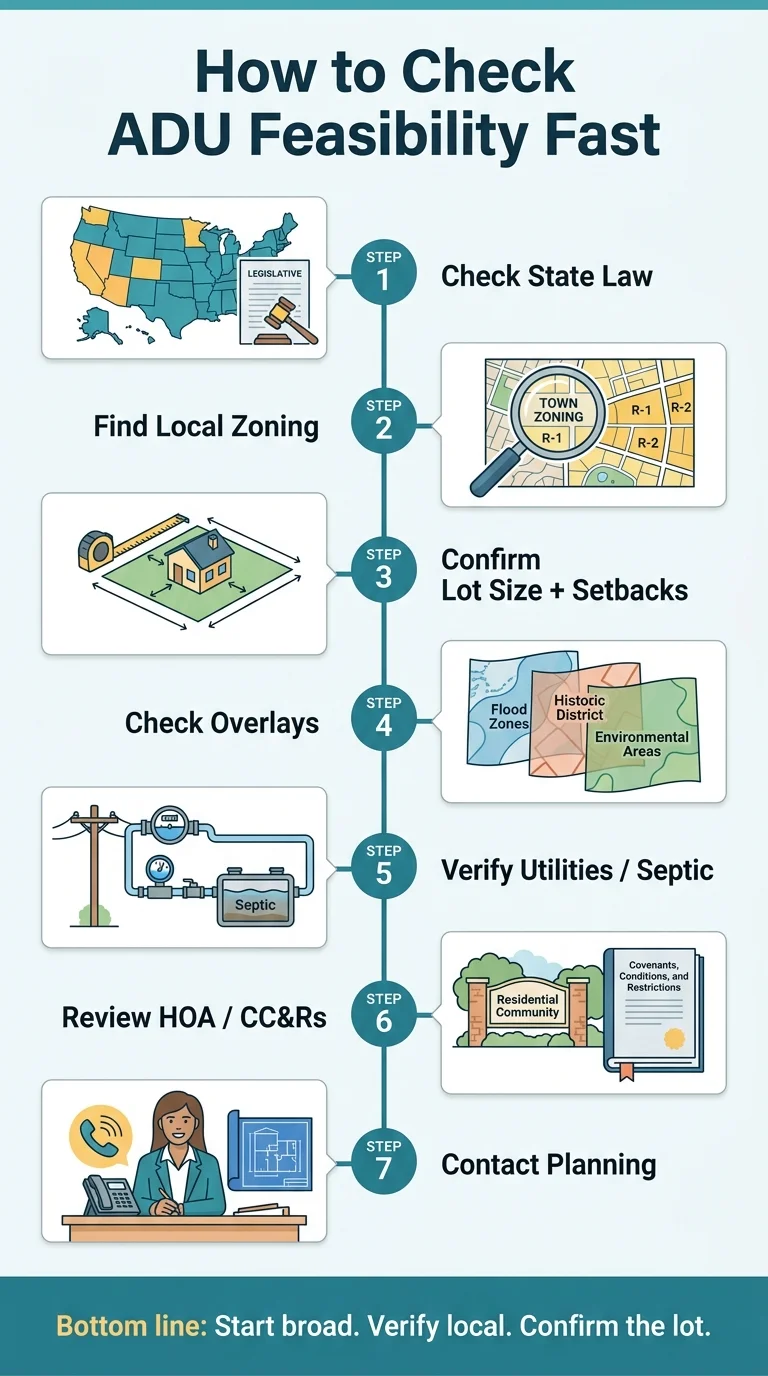 Step-by-step infographic: How to Check ADU Feasibility Fast — 7 steps: Step 1 Check State Law, Step 2 Find Local Zoning, Step 3 Confirm Lot Size and Setbacks, Step 4 Check Overlays, Step 5 Verify Utilities and Septic, Step 6 Review HOA and CC&Rs, Step 7 Contact Planning. Bottom line: Start broad. Verify local. Confirm the lot.