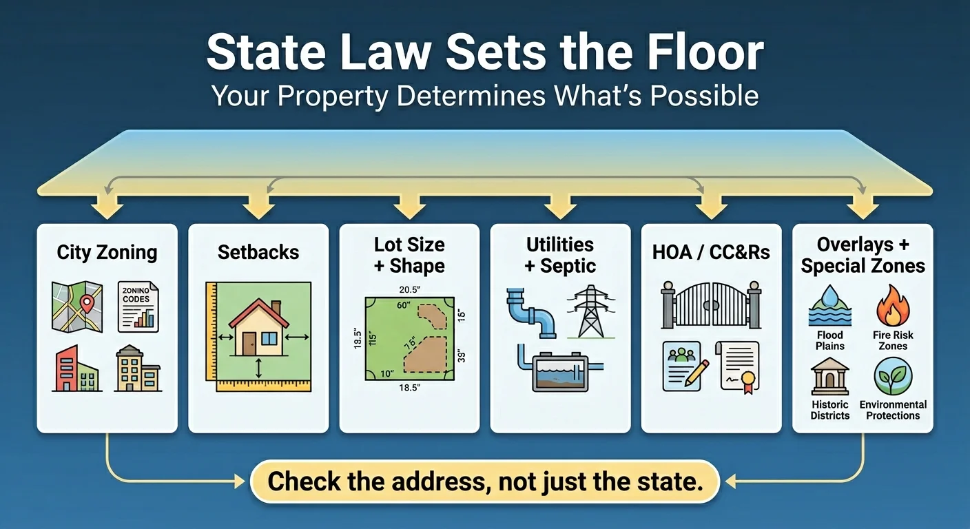 Infographic: State Law Sets the Floor, Your Property Determines What's Possible — showing 6 property-level factors that still control ADU feasibility even in permissive states: city zoning, setbacks, lot size and shape, utilities and septic, HOA/CC&Rs, and overlays and special zones