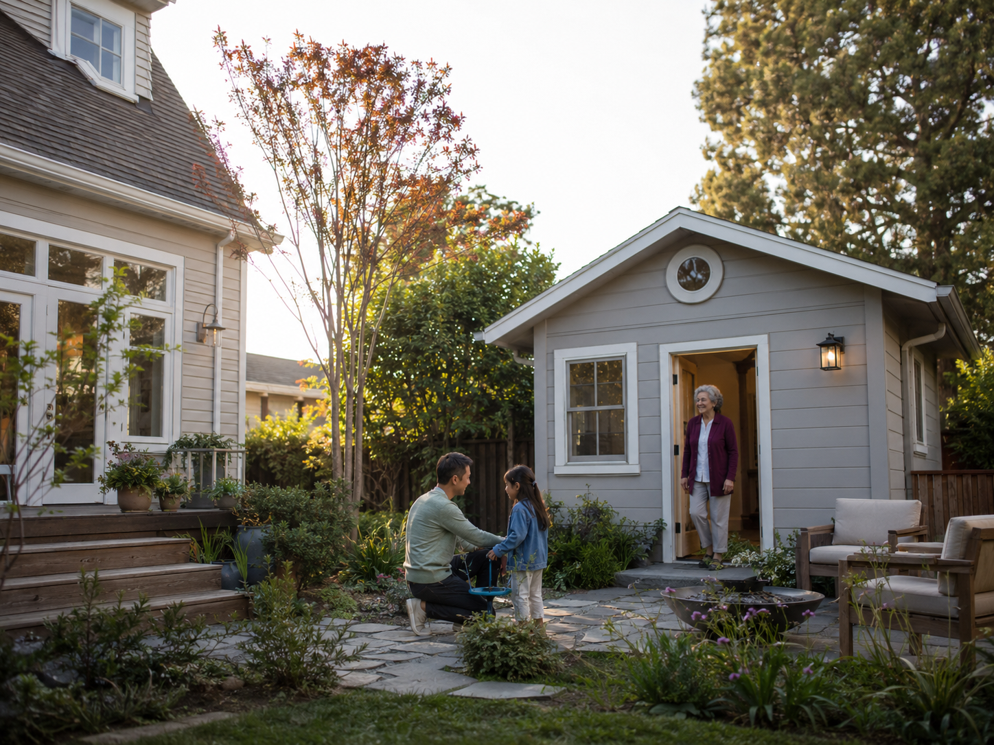 Multigenerational family — father, daughter, and grandmother at the door of a detached ADU, illustrating aging-in-place and HECM-funded ADU construction