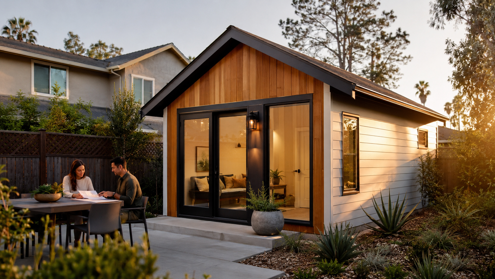 Completed detached ADU in a residential backyard, illustrating an accessory dwelling unit funded through no-equity financing.