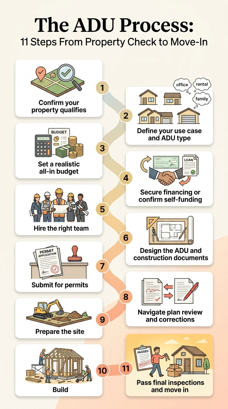 The ADU process: 11 steps from property check to move-in day — infographic showing confirm property qualifies, define use case, set budget, secure financing, hire team, design, submit permits, navigate review, site prep, build, pass inspections