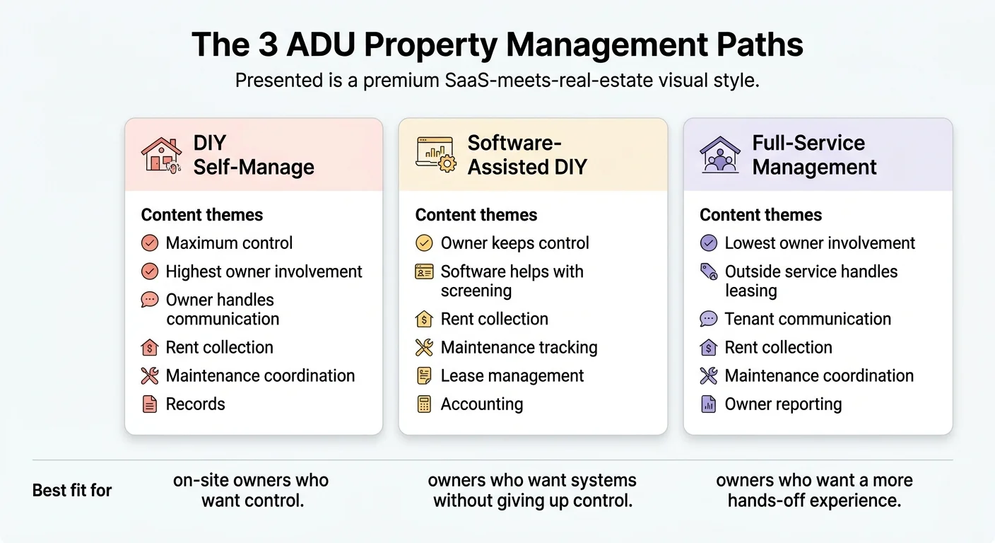 Infographic: The 3 ADU Property Management Paths — DIY Self-Manage, Software-Assisted DIY, and Full-Service Management, with features and best-fit descriptions for each path