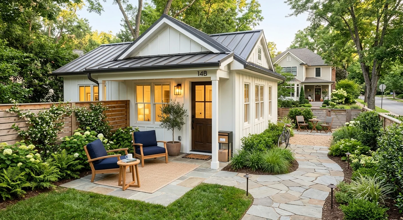 White cottage-style ADU numbered 14B with black metal roof, private entrance, covered porch with navy chairs, flagstone path, and lush landscaping — showing tenant privacy and curb appeal