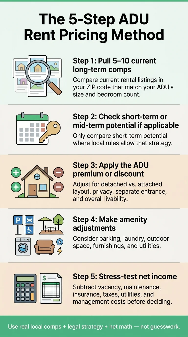 The 5-Step ADU Rent Pricing Method infographic: Step 1 — Pull 5-10 current long-term comps (compare current rental listings in your ZIP code matching your ADU size and bedroom count); Step 2 — Check short-term or mid-term potential if applicable (only compare STR potential where local rules allow); Step 3 — Apply the ADU premium or discount (adjust for detached vs attached, privacy, separate entrance, and overall livability); Step 4 — Make amenity adjustments (consider parking, laundry, outdoor space, furnishings, and utilities); Step 5 — Stress-test net income (subtract vacancy, maintenance, insurance, taxes, utilities, and management costs before deciding). Use real local comps + legal strategy + net math — not guesswork.