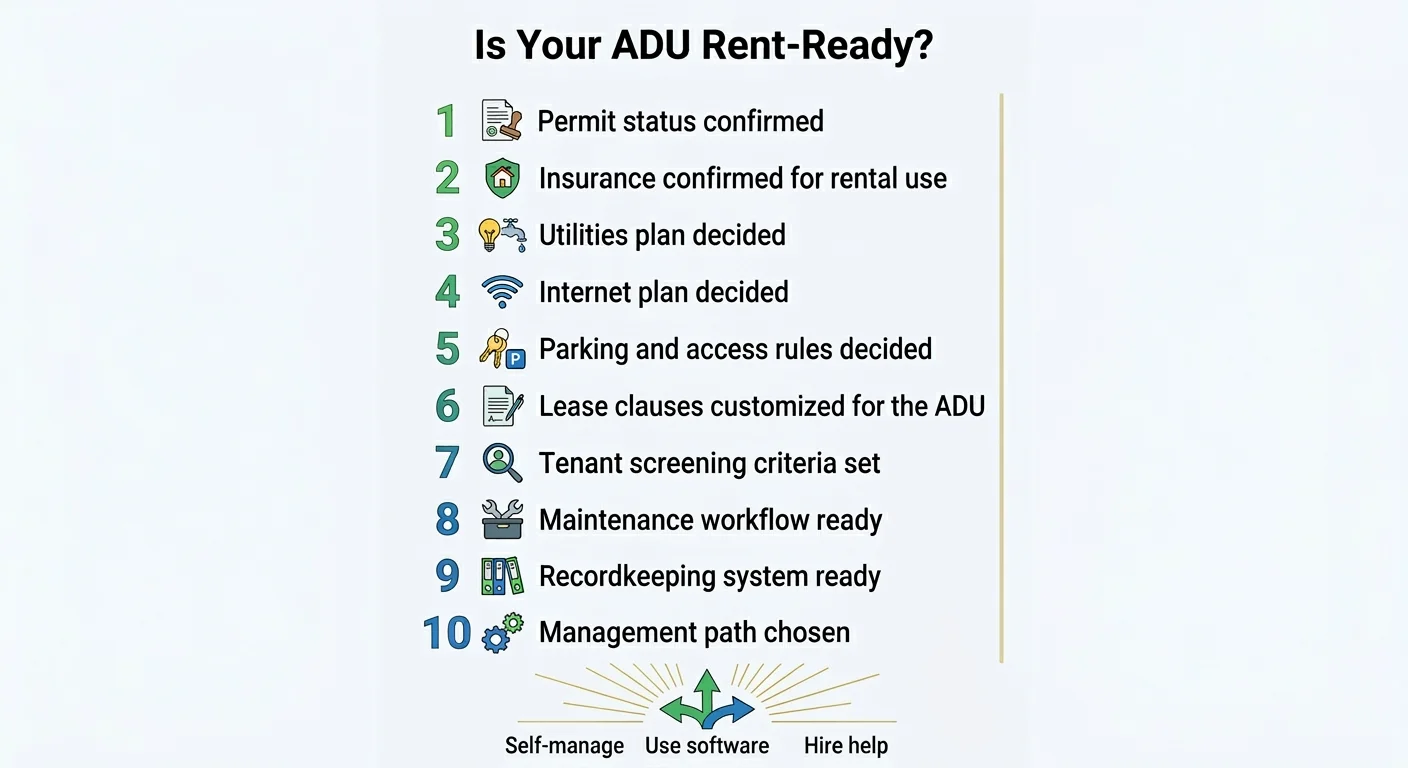 Infographic: Is Your ADU Rent-Ready? 10-step checklist including permit status, insurance, utilities, internet, parking, lease clauses, tenant screening, maintenance workflow, recordkeeping, and management path