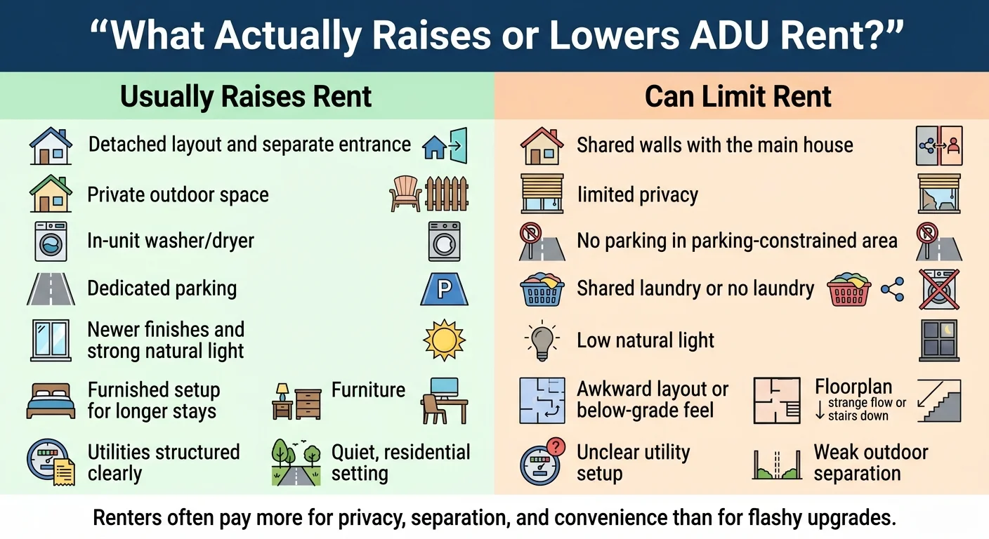 What Actually Raises or Lowers ADU Rent infographic — Usually Raises Rent: detached layout and separate entrance, private outdoor space, in-unit washer/dryer, dedicated parking, newer finishes and strong natural light, furnished setup for longer stays, utilities structured clearly, quiet residential setting. Can Limit Rent: shared walls with main house, limited privacy, no parking in parking-constrained area, shared laundry or no laundry, low natural light, awkward layout or below-grade feel, unclear utility setup, weak outdoor separation. Caption: Renters often pay more for privacy, separation, and convenience than for flashy upgrades.