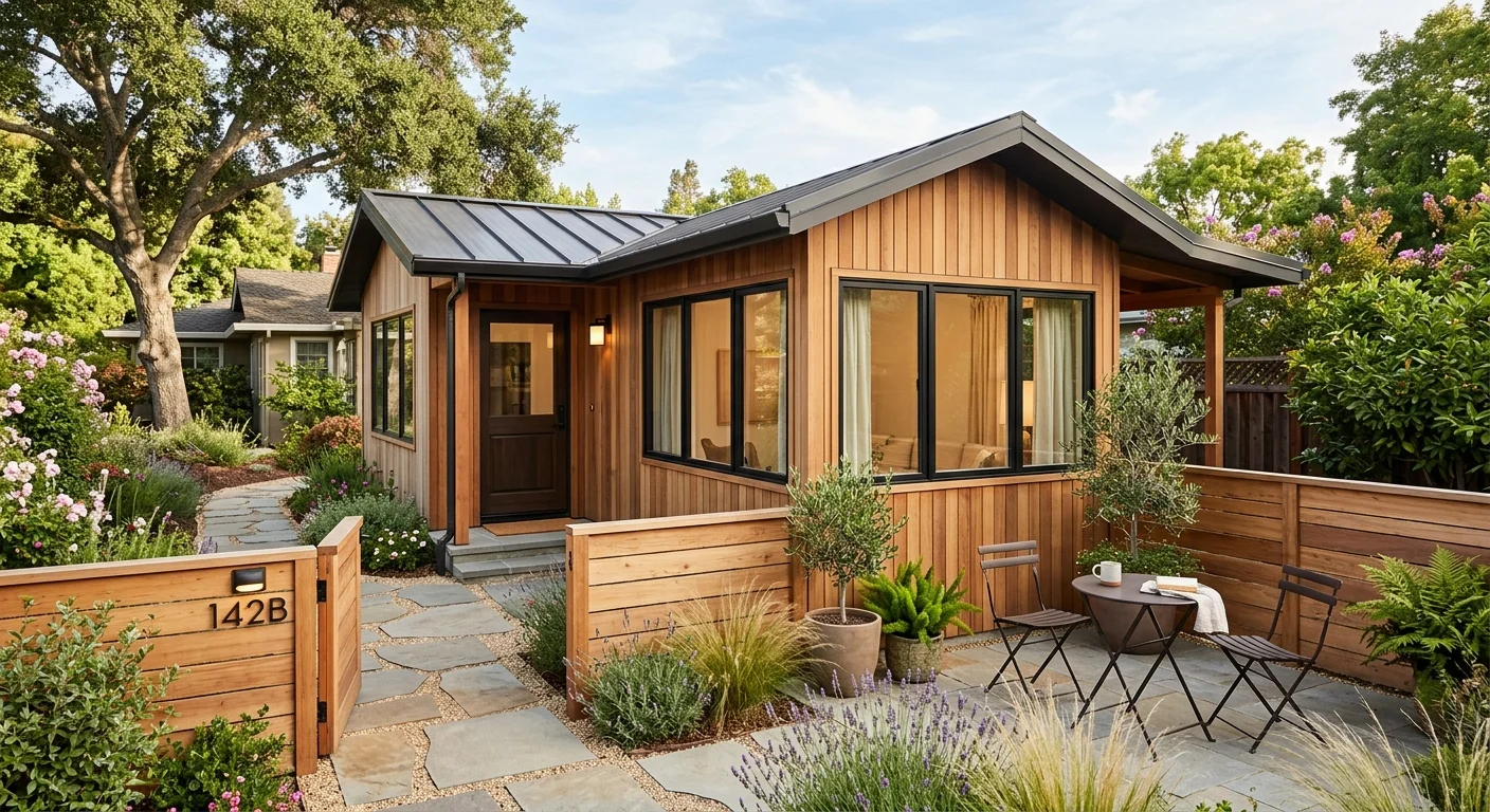 Cedar-sided detached ADU with gable roof and standing seam metal accents, black-framed windows, private numbered entrance gate (142B), bistro table and chairs on stone patio, olive tree planter, lavender and ornamental grasses in front landscaping — a well-landscaped backyard rental unit with private access path