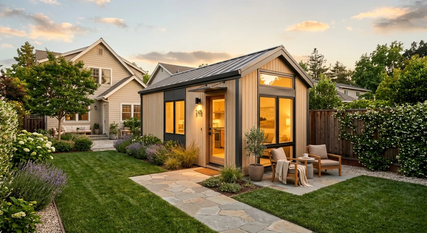 Modern detached ADU at dusk with warm glowing interior light, private wood-framed entry door numbered 24B, large black-framed windows, vertical board-and-batten siding, outdoor lounge chair, stone path through landscaped garden — illustrating a well-designed backyard rental unit ready for tenants