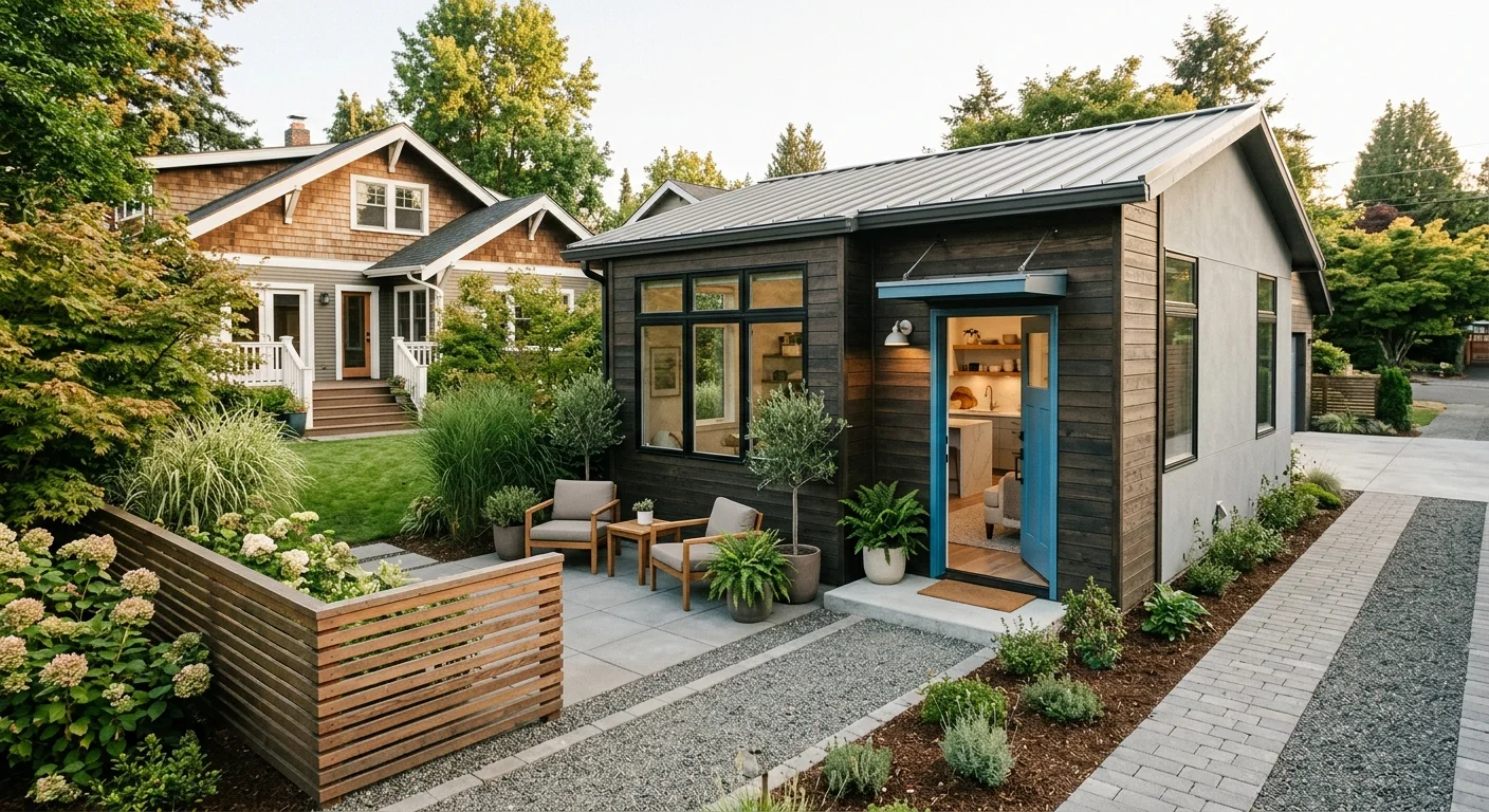 Modern detached ADU with wood and stucco exterior, large windows, blue entry door, and professional landscaping including ornamental trees and gravel pathways adjacent to a craftsman main house