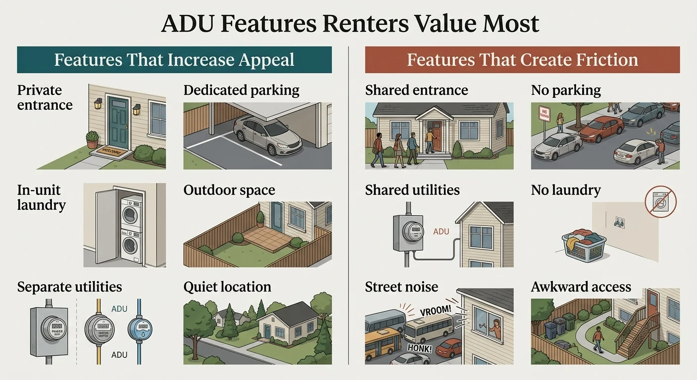 Illustrated comparison chart showing ADU features renters value most — private entrance, dedicated parking, in-unit laundry, outdoor space, and separate utilities increase appeal, while shared entrance, no parking, shared utilities, and street noise create friction