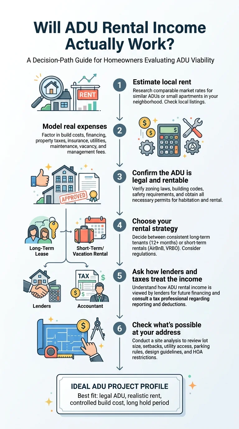 Illustrated step-by-step decision guide titled 'Will ADU Rental Income Actually Work?' showing 6 steps: estimate local rent, model real expenses, confirm the ADU is legal and rentable, choose your rental strategy, ask how lenders and taxes treat the income, and check what's possible at your address — ending with 'Ideal ADU Project Profile: legal ADU, realistic rent, controlled build cost, long hold period'