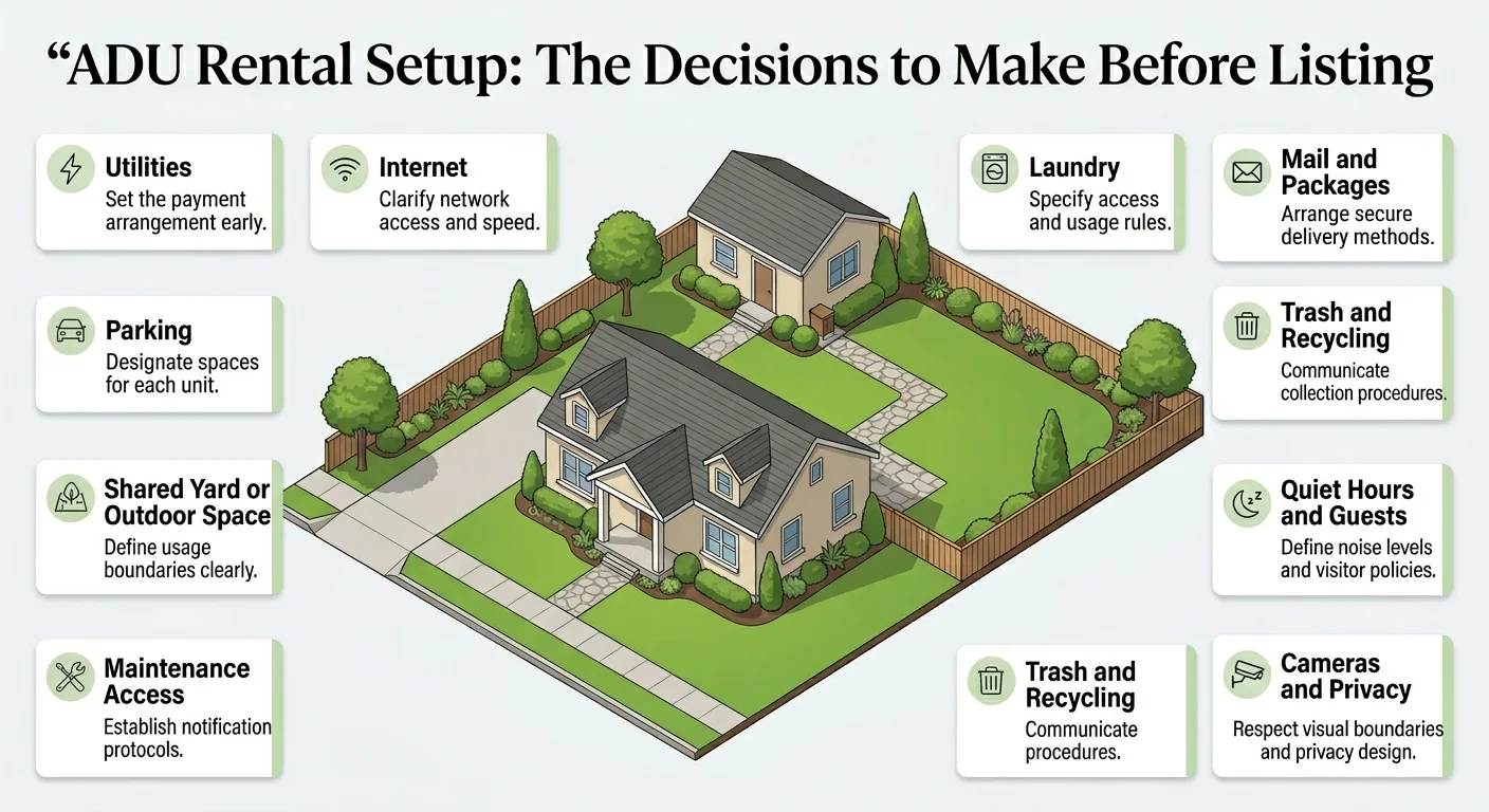 Infographic: ADU Rental Setup — The Decisions to Make Before Listing, covering utilities, internet, parking, shared yard, laundry, mail, trash, quiet hours, cameras, and maintenance access