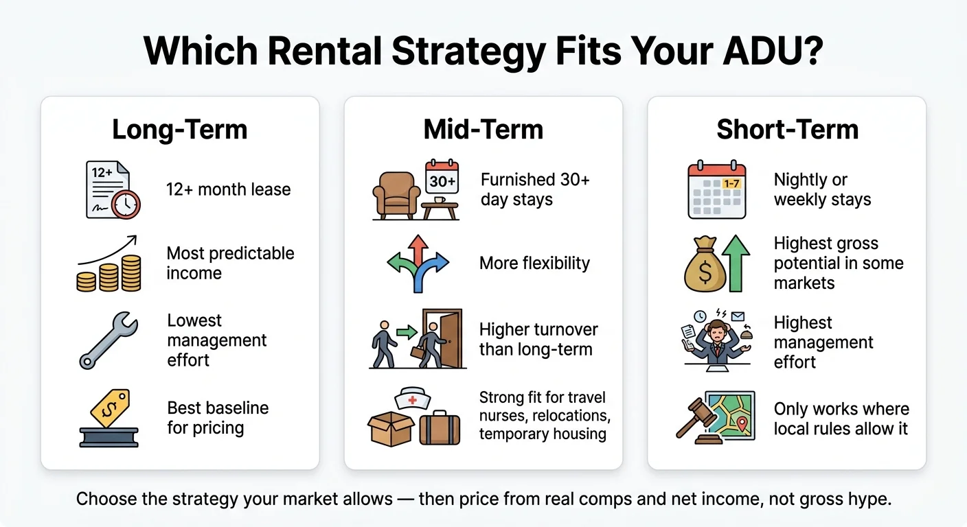 Infographic comparing three ADU rental strategies side-by-side: Long-Term (12+ month lease, most predictable income, lowest management effort, best baseline for pricing), Mid-Term (furnished 30+ day stays, more flexibility, higher turnover, strong fit for travel nurses and relocations), Short-Term (nightly or weekly stays, highest gross potential in some markets, highest management effort, only works where local rules allow) — caption: Choose the strategy your market allows, then price from real comps and net income, not gross hype