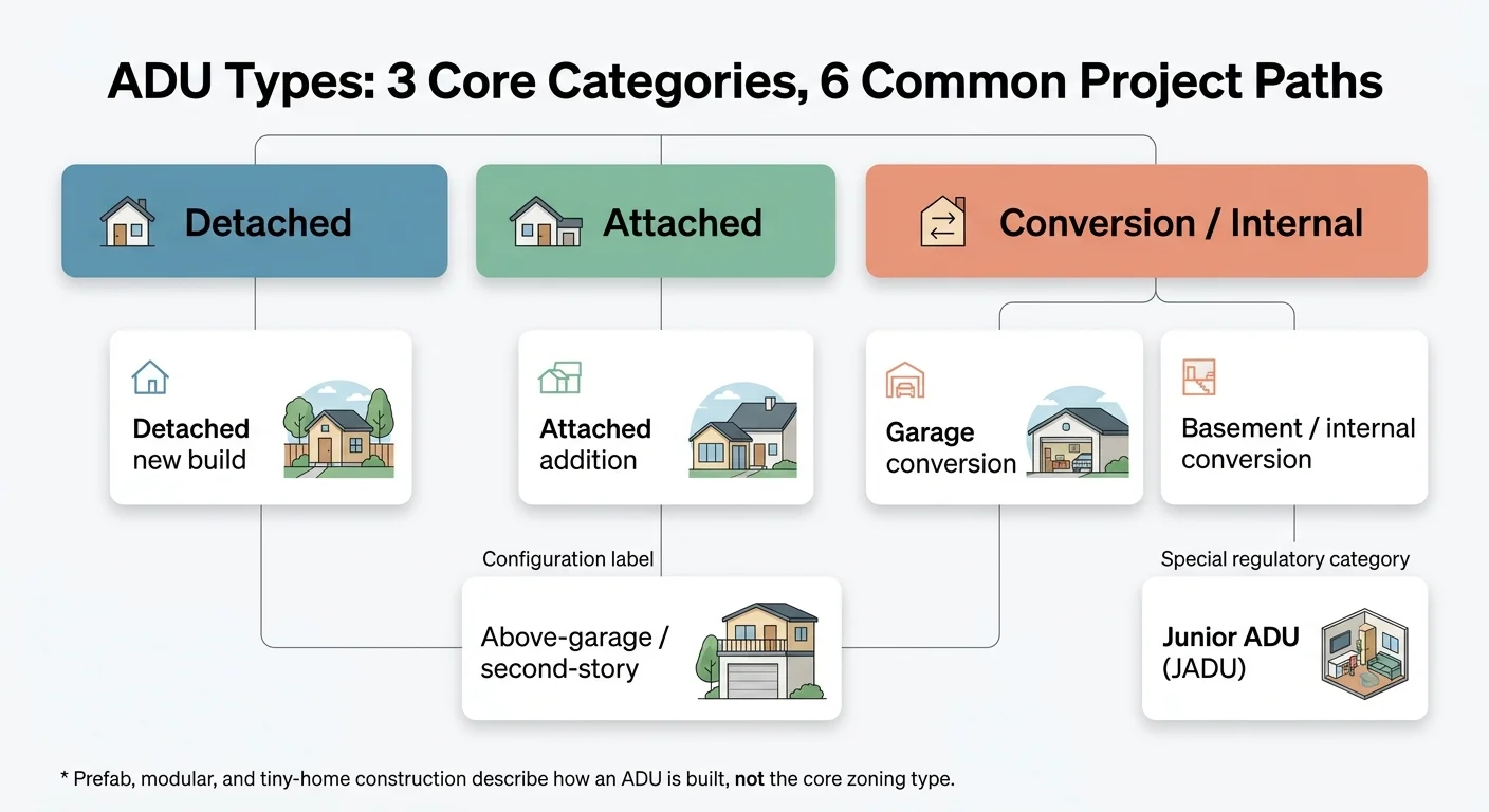ADU Types: 3 Core Categories, 6 Common Project Paths — infographic showing Detached (detached new build), Attached (attached addition, above-garage), and Conversion/Internal (garage conversion, basement, JADU), with note that prefab and modular describe build method not ADU type