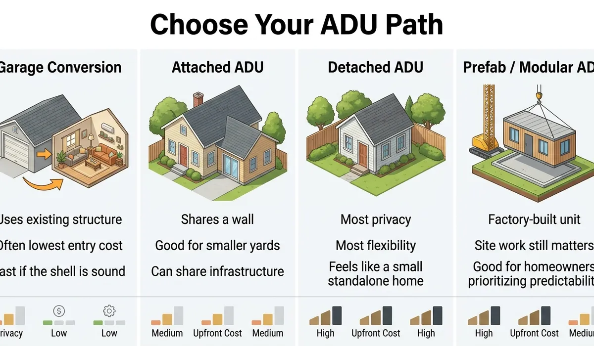 Infographic comparing four ADU types — garage conversion, attached ADU, detached ADU, and prefab/modular ADU — showing privacy, upfront cost, and timeline for each