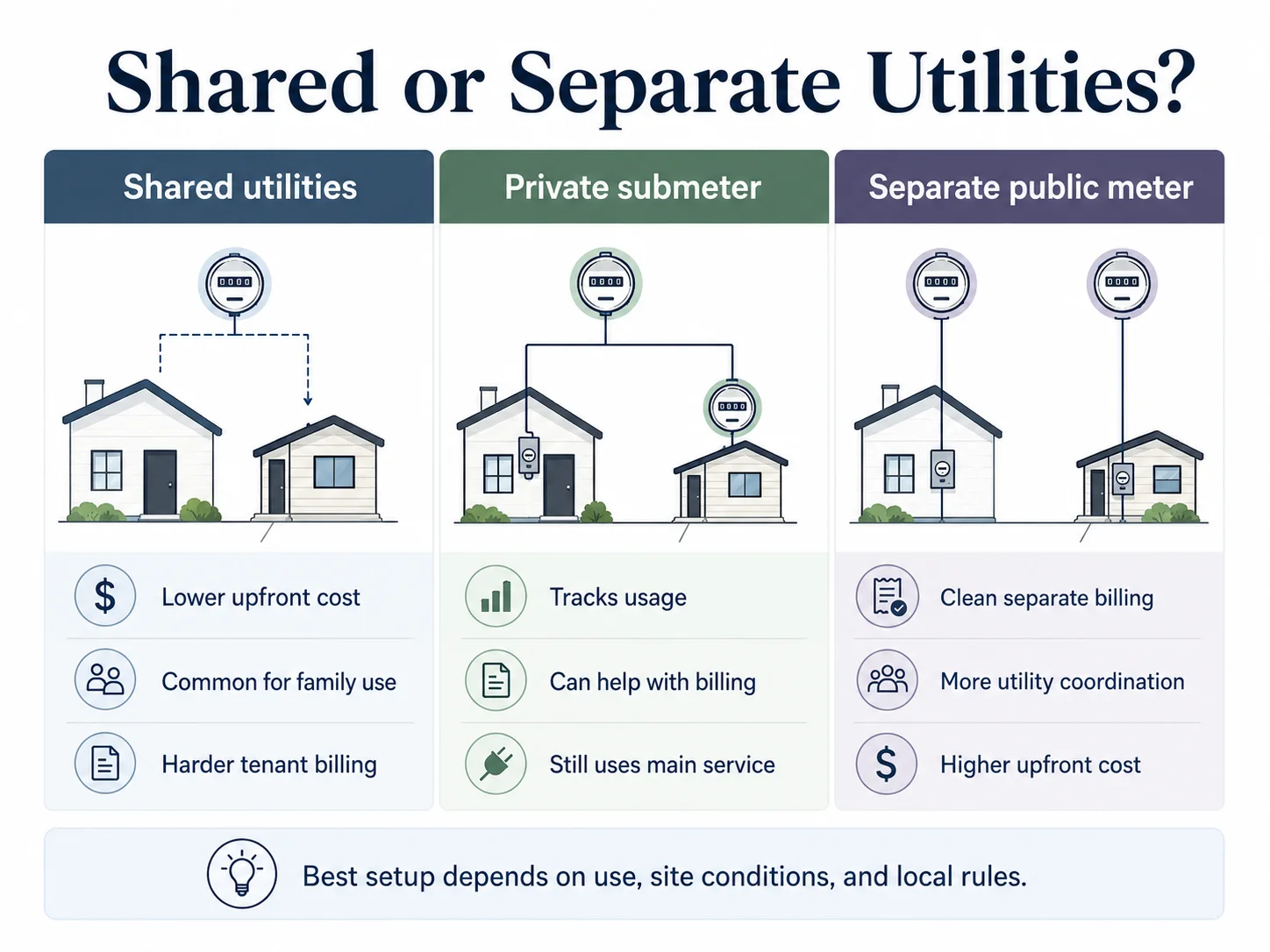 Infographic comparing shared, submetered, and separate utility meter options for a prefab ADU.
