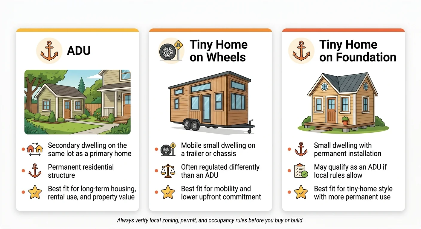 Infographic comparing three small dwelling types side by side: ADU (secondary dwelling on same lot, permanent residential structure, best for long-term housing and rental), Tiny Home on Wheels (mobile dwelling on trailer, often regulated as RV, best for mobility and lower upfront commitment), and Tiny Home on Foundation (small dwelling with permanent installation, may qualify as ADU if local rules allow)