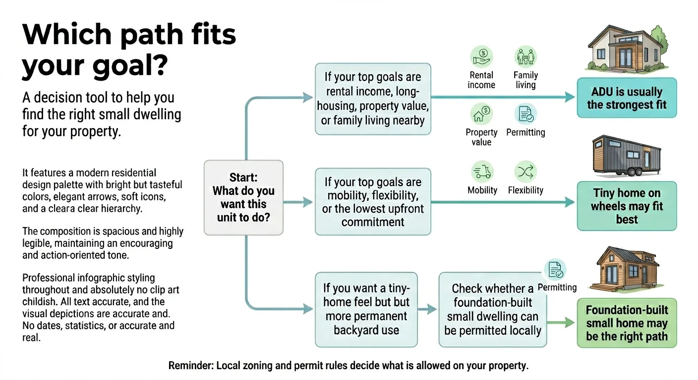 Decision flowchart titled 'Which path fits your goal?' — if top goals are rental income, family living, property value, or permitting stability then ADU is usually the strongest fit; if top goals are mobility and flexibility then tiny home on wheels may fit best; if you want tiny home feel with more permanent backyard use and local permitting allows it then foundation-built small home may be the right path