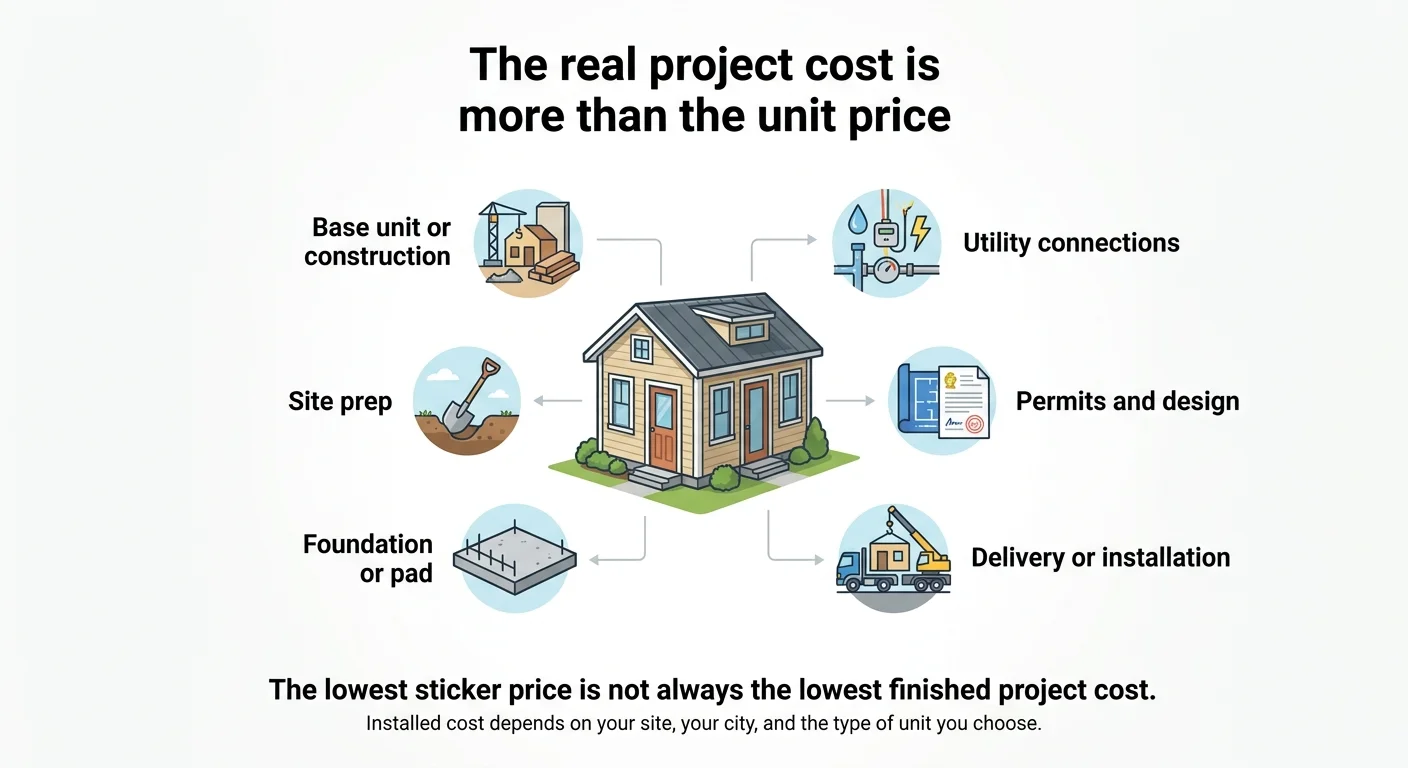 Infographic showing the six components of real project cost for a backyard dwelling: base unit or construction, site prep, foundation or pad, utility connections, permits and design, and delivery or installation — with caption: the lowest sticker price is not always the lowest finished project cost