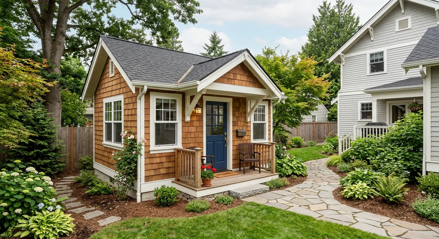 Small backyard ADU with cedar shingle siding and craftsman design — blue front door, covered porch with bench, flagstone path through hydrangea garden, adjacent to main white two-story craftsman home