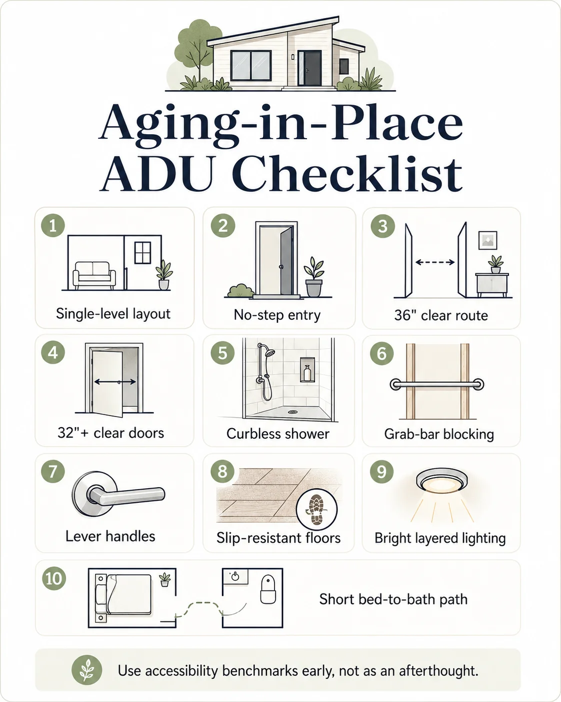 Accessible ADU bathroom layout with curbless shower and grab-bar blocking