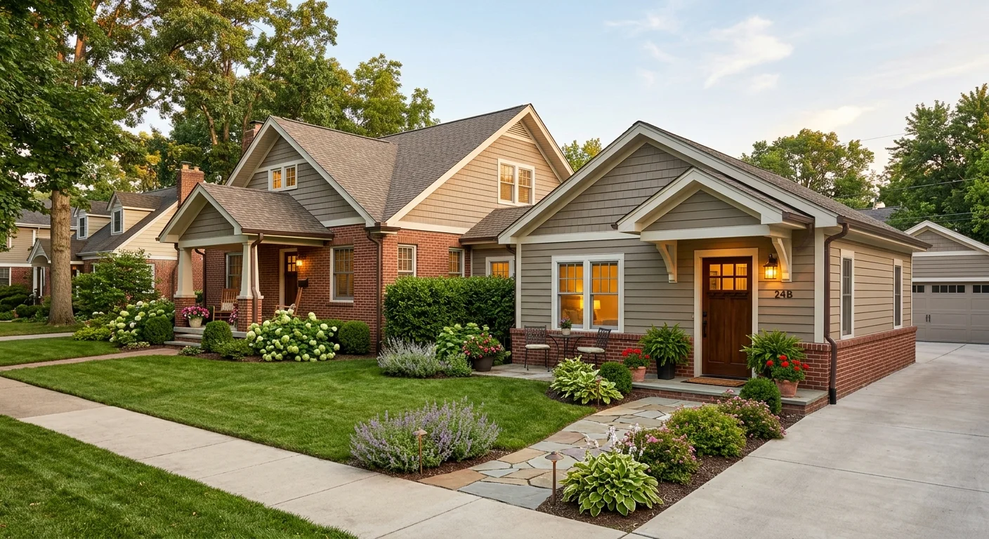 Attached ADU example — craftsman-style home addition with separate entrance at 248B, brick and lap siding exterior, well-maintained front garden with lavender, hydrangeas, and stone pathway at dusk