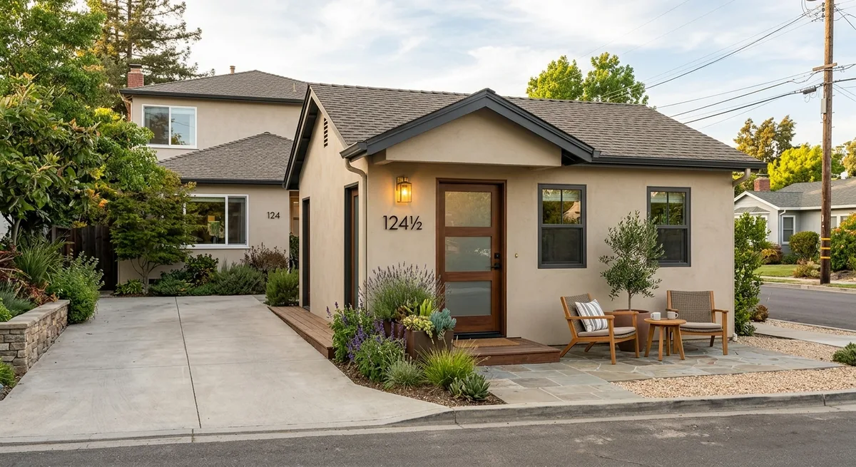 Attached stucco ADU with separate entrance, wood door, and landscaped front — example of an attached accessory dwelling unit costing $150,000 to $300,000