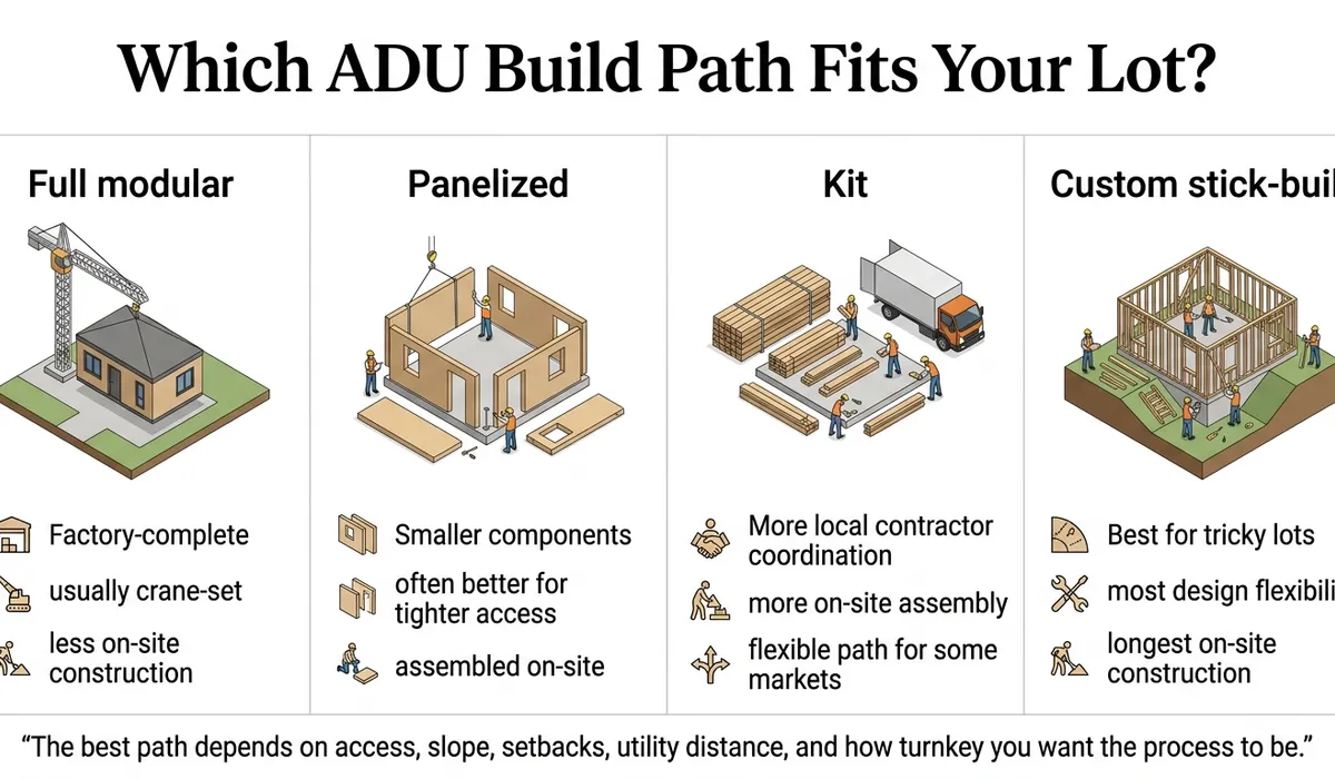 Which ADU build path fits your lot? Comparison of full modular (factory-complete, crane-set, less on-site construction), panelized (smaller components, better for tight access, assembled on-site), kit (local contractor coordination, flexible path), and custom stick-built (best for tricky lots, most design flexibility)
