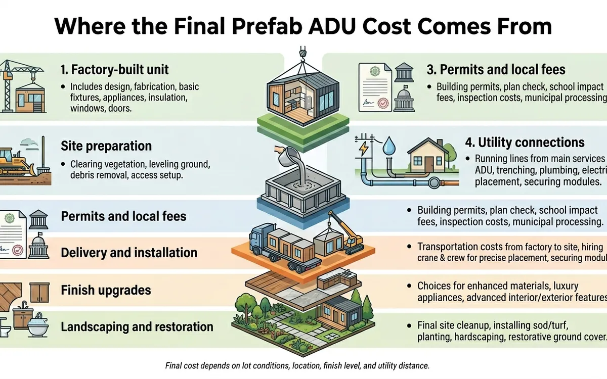 Infographic showing where the final prefab ADU cost comes from: factory-built unit, site preparation, permits and local fees, utility connections, delivery and installation, finish upgrades, and landscaping