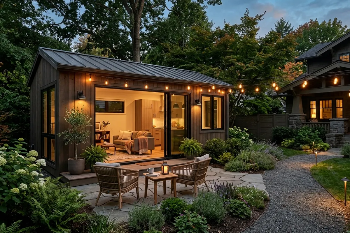 Prefab ADU backyard cottage at evening with string lights, outdoor seating, and warm interior lighting through large sliding glass doors surrounded by lush landscaping