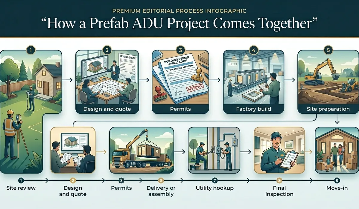 How a prefab ADU project comes together: 9-step editorial process infographic from site review through design and quote, permits, factory build, site preparation, delivery or assembly, utility hookup, final inspection, and move-in