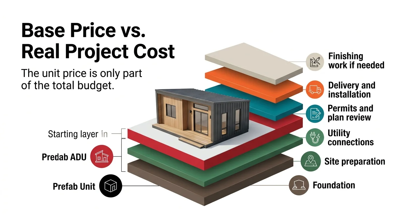 Infographic showing the layers of a prefab ADU project budget: prefab unit base price, foundation, site preparation, utility connections, permits and plan review, delivery and installation, and finishing work — illustrating that the unit price is only part of the total budget