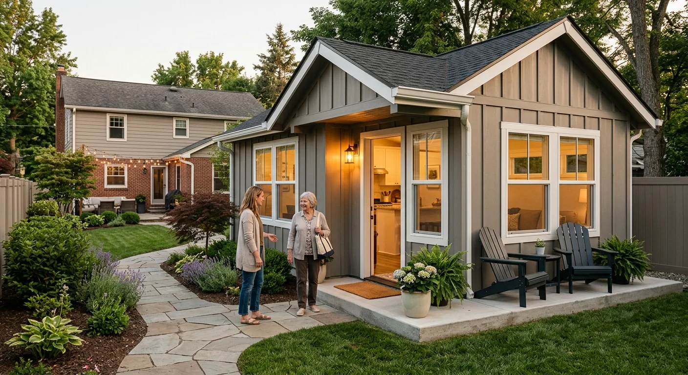 Two women — a younger homeowner and an older parent — standing outside a charming gray board-and-batten backyard ADU cottage at dusk, illustrating a multigenerational living use case for a prefab ADU under $100K