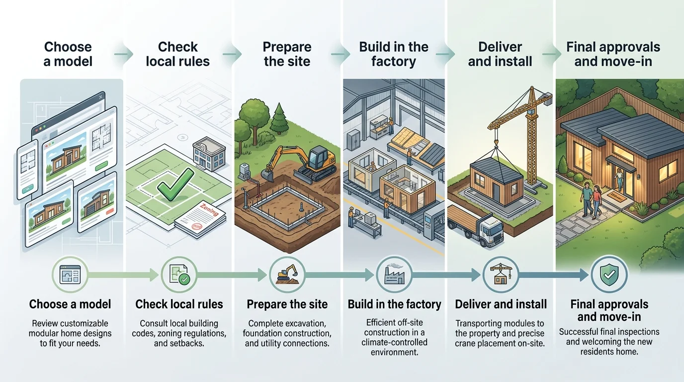 Infographic showing six steps of the prefab ADU process: choose a model, check local rules, prepare the site, build in the factory, deliver and install, final approvals and move-in — each with illustration and description