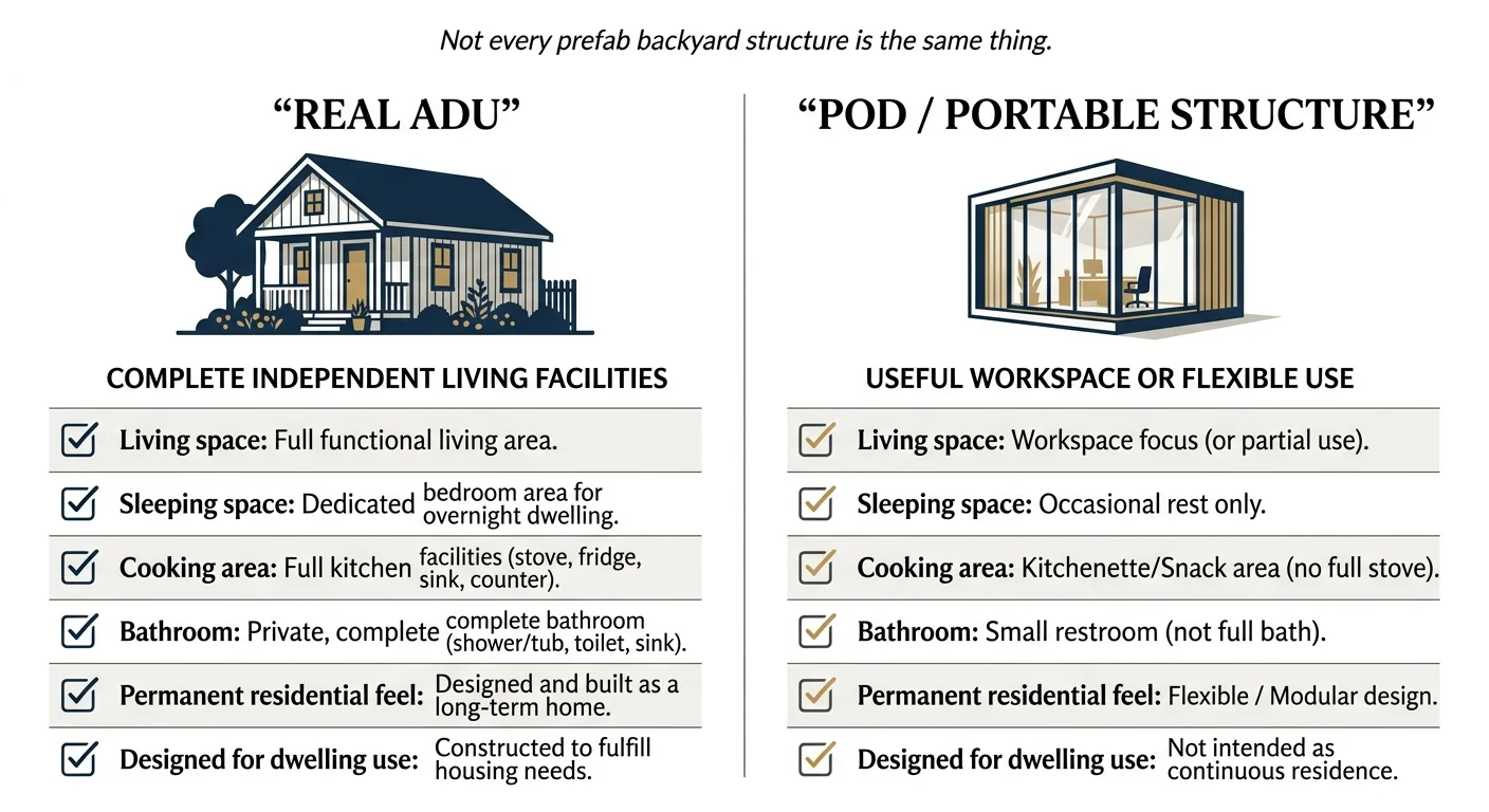 Infographic comparing a real ADU with complete independent living facilities versus a pod or portable structure designed for flexible workspace use — showing differences in living space, sleeping space, cooking area, bathroom, and permanent residential design