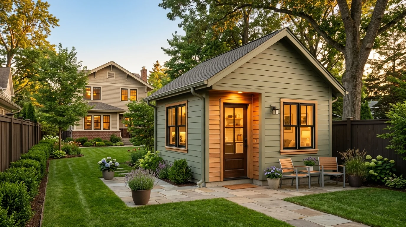 Sage green craftsman-style backyard ADU cottage at dusk with warm interior lighting, stone pathway, and manicured garden — an example of a sub-$100K prefab ADU on an easy lot